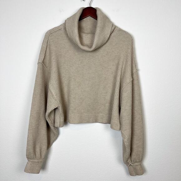 Free People We the Free Tan Cowl Neck Cropped Oversized Sweater Size Small - Picture 1 of 7
